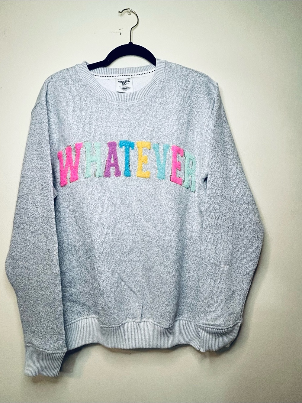 Whatev Chenille Letter Crewneck Sweatshirt - Light Gray